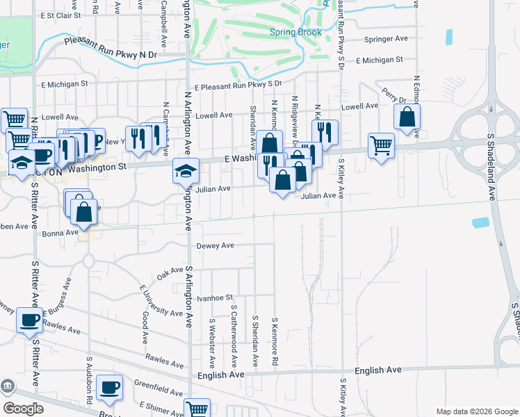 map of restaurants, bars, coffee shops, grocery stores, and more near 115 South Sheridan Avenue in Indianapolis