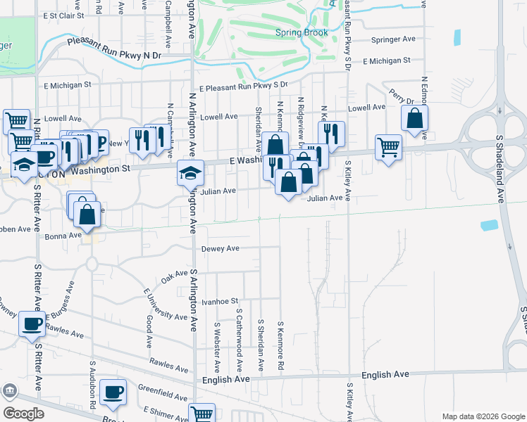 map of restaurants, bars, coffee shops, grocery stores, and more near 115 South Sheridan Avenue in Indianapolis