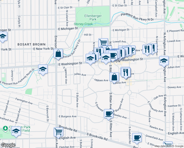 map of restaurants, bars, coffee shops, grocery stores, and more near 5333 East Washington Street in Indianapolis