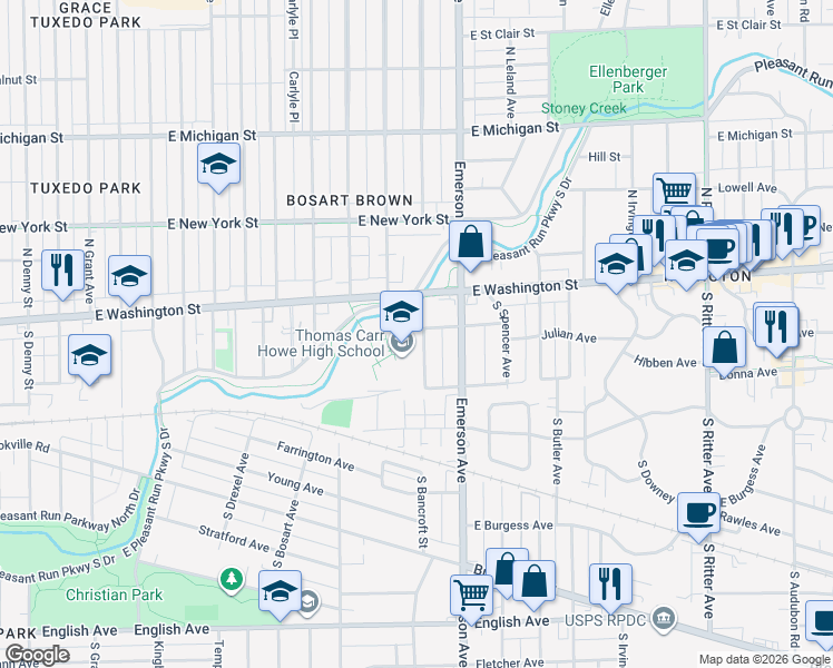 map of restaurants, bars, coffee shops, grocery stores, and more near 5011 East Washington Street in Indianapolis