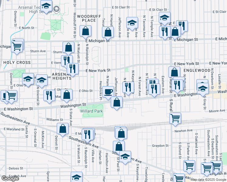 map of restaurants, bars, coffee shops, grocery stores, and more near 49 Jefferson Avenue in Indianapolis