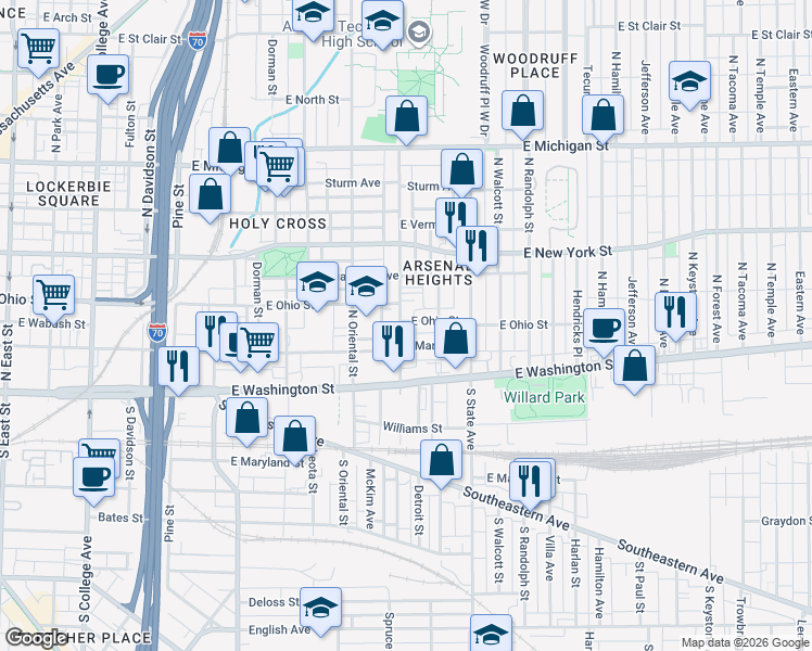 map of restaurants, bars, coffee shops, grocery stores, and more near 215 North Arsenal Avenue in Indianapolis