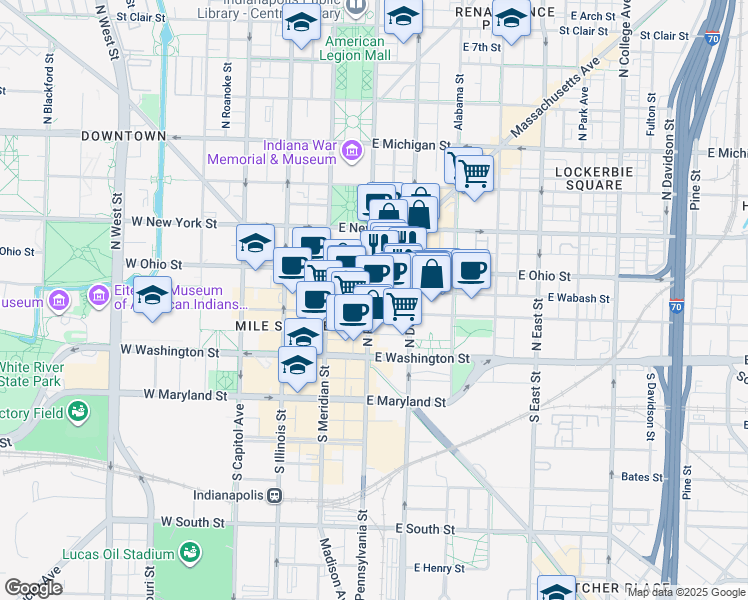 map of restaurants, bars, coffee shops, grocery stores, and more near 111e East Ohio Street in Indianapolis