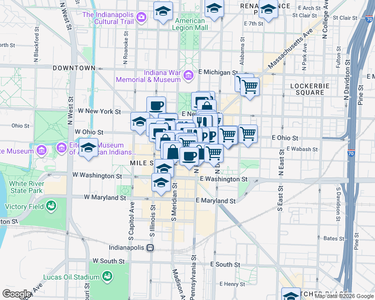 map of restaurants, bars, coffee shops, grocery stores, and more near 27 East Ohio Street in Indianapolis