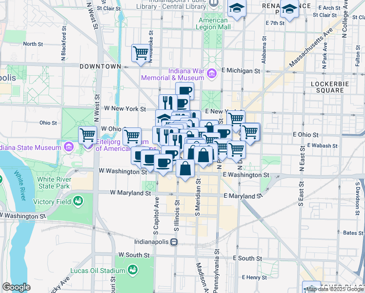 map of restaurants, bars, coffee shops, grocery stores, and more near in Indianapolis