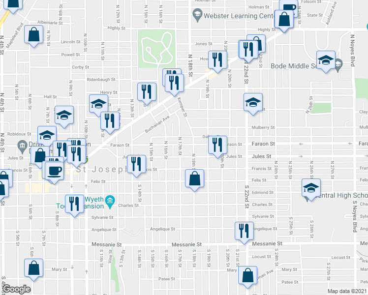 map of restaurants, bars, coffee shops, grocery stores, and more near 1715 Faraon Street in Saint Joseph