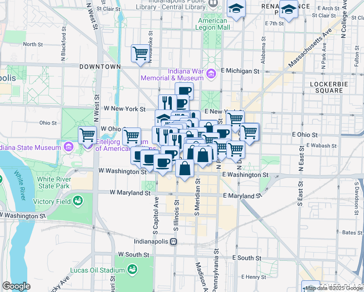 map of restaurants, bars, coffee shops, grocery stores, and more near 10 West Market Street in Indianapolis