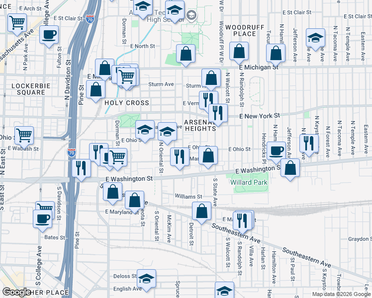 map of restaurants, bars, coffee shops, grocery stores, and more near 215 North Arsenal Avenue in Indianapolis