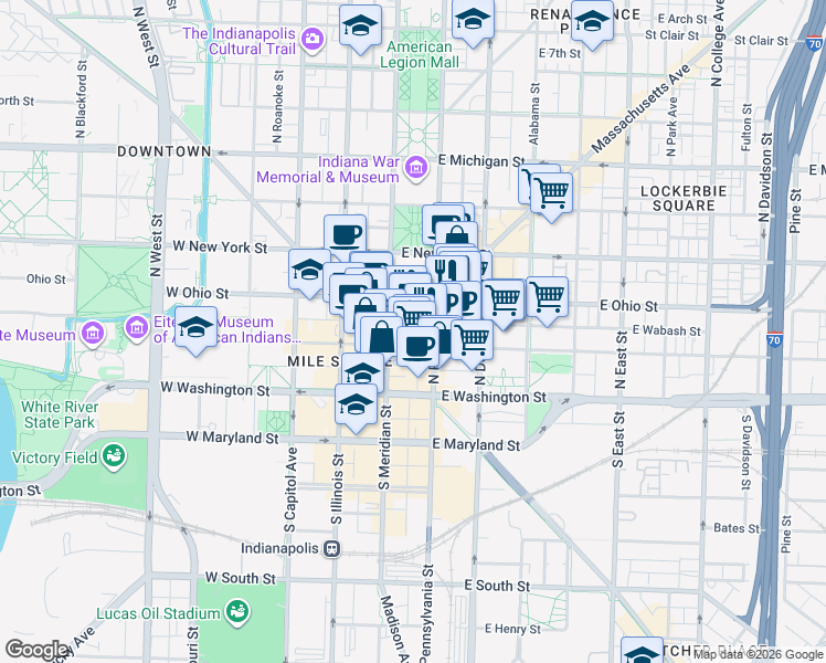 map of restaurants, bars, coffee shops, grocery stores, and more near 111 Monument Circle in Indianapolis