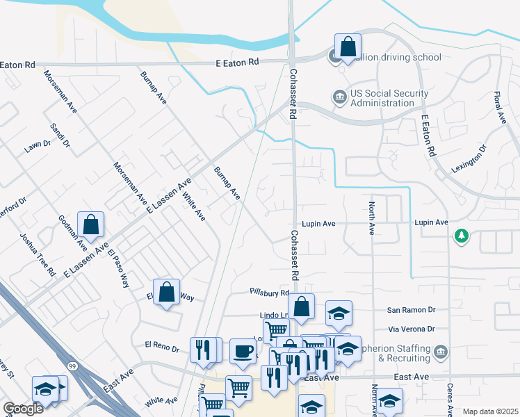 map of restaurants, bars, coffee shops, grocery stores, and more near 25 Cameo Drive in Chico