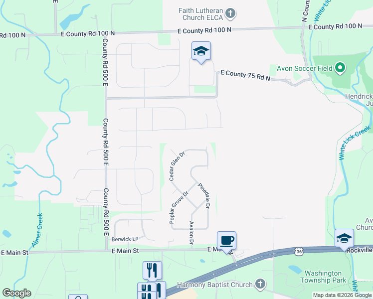 map of restaurants, bars, coffee shops, grocery stores, and more near 432 Cedar Glen Drive in Avon