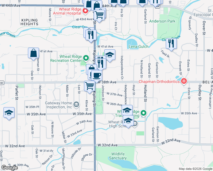 map of restaurants, bars, coffee shops, grocery stores, and more near 9835 County Road 180 in Wheat Ridge