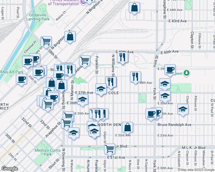 map of restaurants, bars, coffee shops, grocery stores, and more near 3774 Gilpin Street in Denver