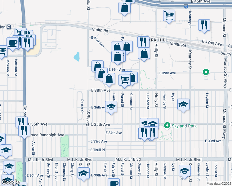 map of restaurants, bars, coffee shops, grocery stores, and more near 5105 38th Avenue in Denver
