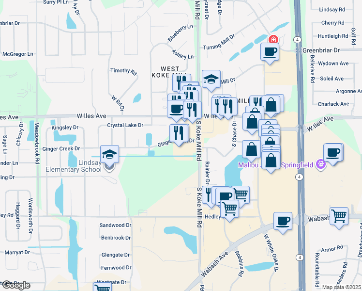 map of restaurants, bars, coffee shops, grocery stores, and more near 3403 Ginger Creek Drive in Springfield