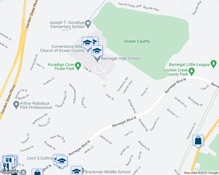 map of restaurants, bars, coffee shops, grocery stores, and more near 145 Bengal Boulevard in Barnegat Township