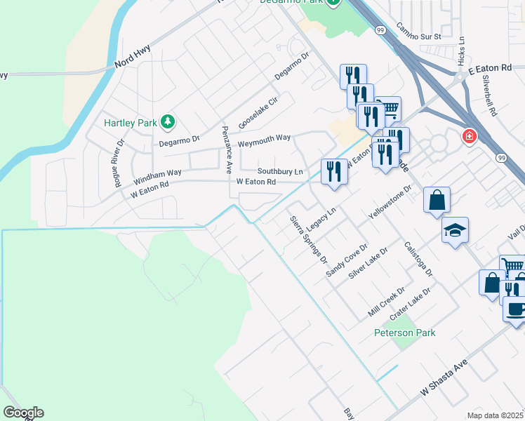 map of restaurants, bars, coffee shops, grocery stores, and more near 100 Penzance Avenue in Chico