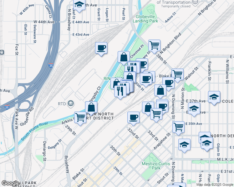 map of restaurants, bars, coffee shops, grocery stores, and more near 3345 Brighton Boulevard in Denver