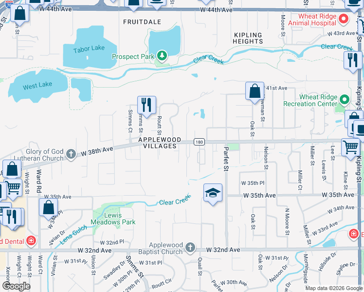 map of restaurants, bars, coffee shops, grocery stores, and more near 11395 West 38th Avenue in Wheat Ridge