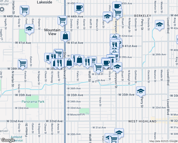 map of restaurants, bars, coffee shops, grocery stores, and more near 3779 Wolff Street in Denver