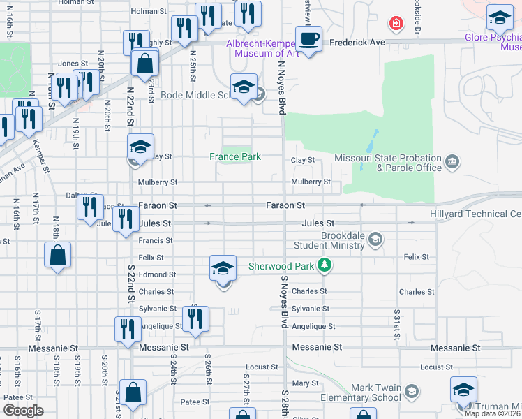 map of restaurants, bars, coffee shops, grocery stores, and more near 2717 Faraon Street in Saint Joseph