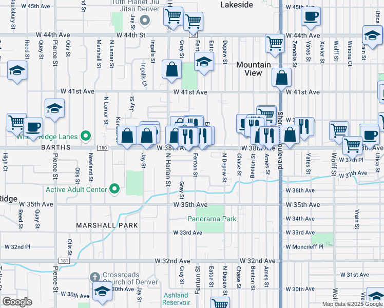 map of restaurants, bars, coffee shops, grocery stores, and more near 5725 West 38th Avenue in Wheat Ridge