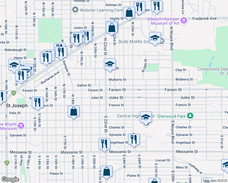 map of restaurants, bars, coffee shops, grocery stores, and more near 2226 Faraon Street in Saint Joseph