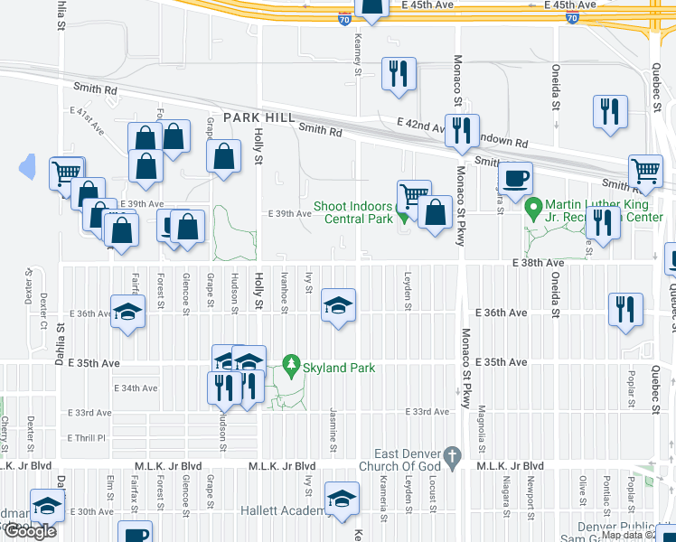 map of restaurants, bars, coffee shops, grocery stores, and more near 3680 Jasmine Street in Denver