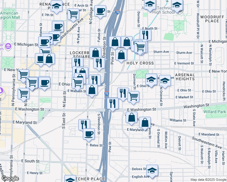 map of restaurants, bars, coffee shops, grocery stores, and more near 903 East Ohio Street in Indianapolis