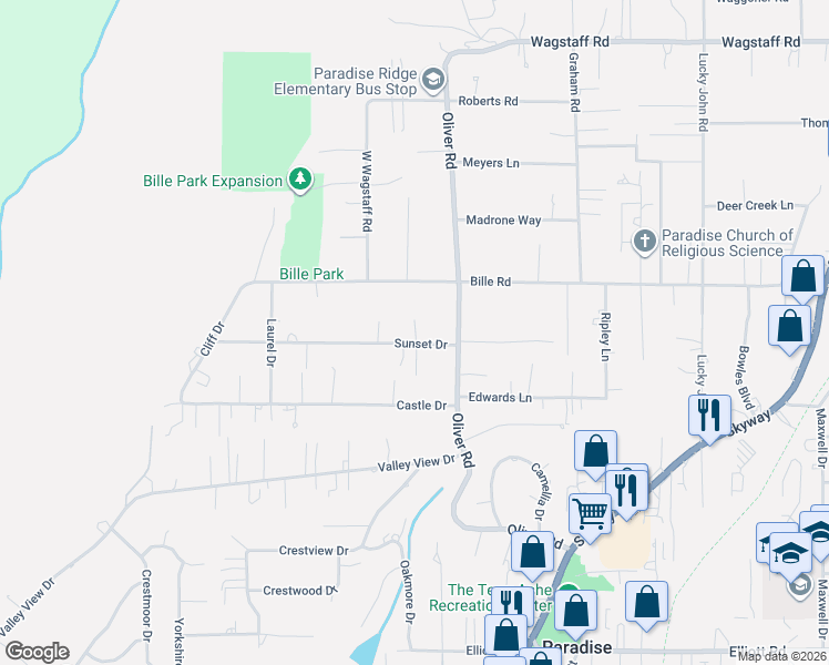 map of restaurants, bars, coffee shops, grocery stores, and more near Lois Drive in Paradise