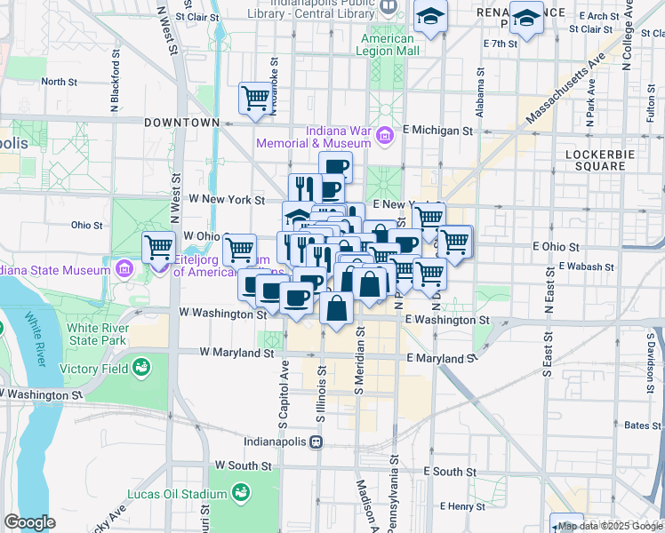 map of restaurants, bars, coffee shops, grocery stores, and more near in Indianapolis
