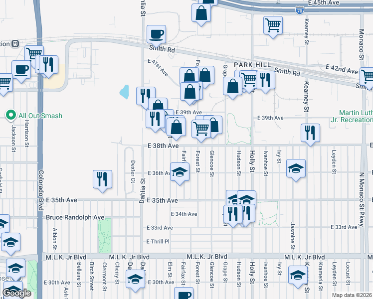 map of restaurants, bars, coffee shops, grocery stores, and more near 5105 38th Avenue in Denver