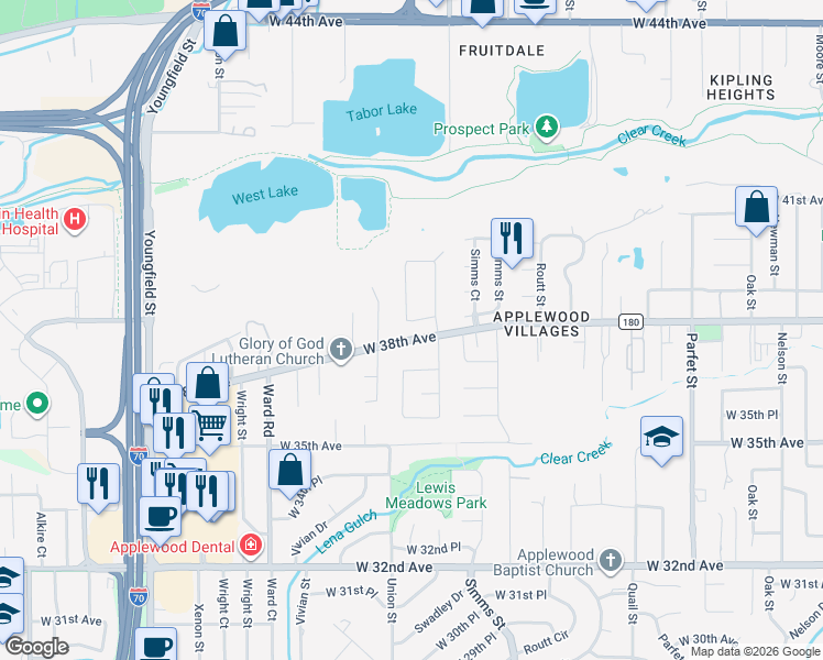 map of restaurants, bars, coffee shops, grocery stores, and more near 3821 Tabor Court in Wheat Ridge