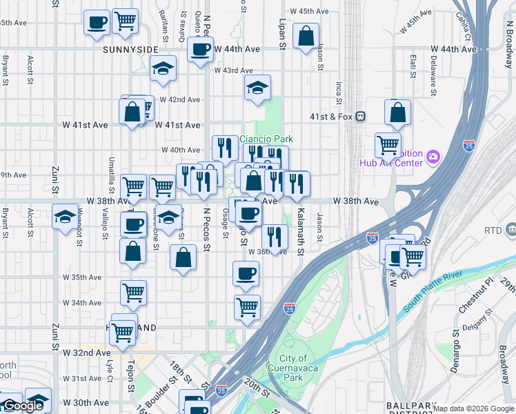 map of restaurants, bars, coffee shops, grocery stores, and more near in Denver