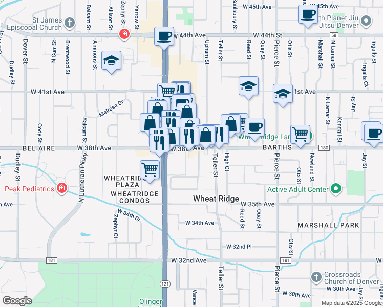 map of restaurants, bars, coffee shops, grocery stores, and more near in Wheat Ridge