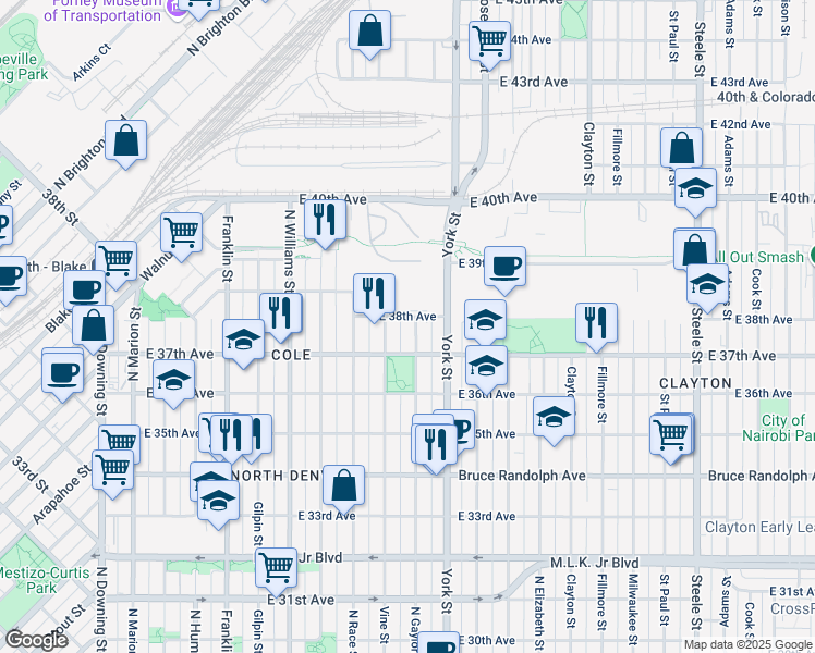 map of restaurants, bars, coffee shops, grocery stores, and more near 3749 North Gaylord Street in Denver