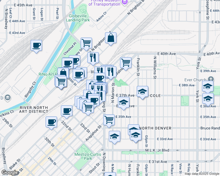 map of restaurants, bars, coffee shops, grocery stores, and more near 3702 Walnut Street in Denver