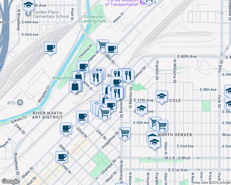 map of restaurants, bars, coffee shops, grocery stores, and more near 1475 36th Street in Denver