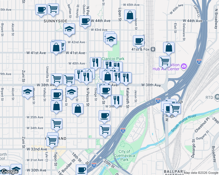 map of restaurants, bars, coffee shops, grocery stores, and more near in Denver