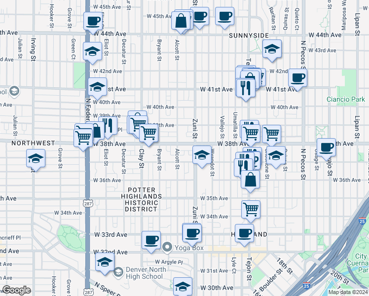 map of restaurants, bars, coffee shops, grocery stores, and more near 2421 West 38th Avenue in Denver