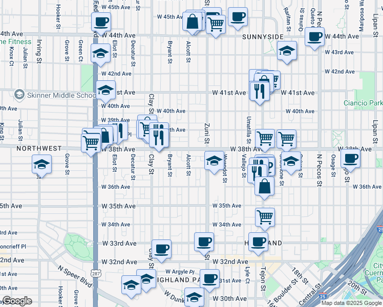 map of restaurants, bars, coffee shops, grocery stores, and more near 2421 West 38th Avenue in Denver