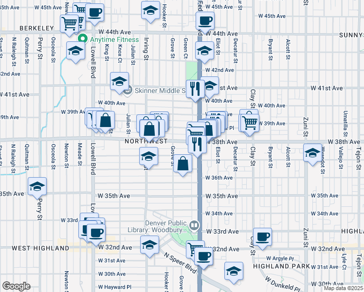 map of restaurants, bars, coffee shops, grocery stores, and more near 3069 West 38th Avenue in Denver