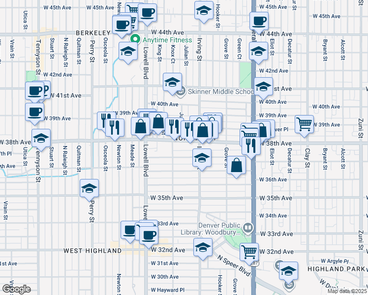 map of restaurants, bars, coffee shops, grocery stores, and more near 3355 West 38th Avenue in Denver