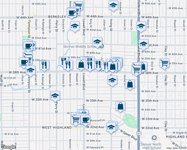 map of restaurants, bars, coffee shops, grocery stores, and more near 3451 West 38th Avenue in Denver