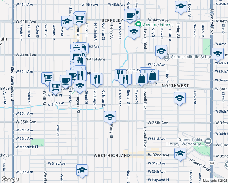 map of restaurants, bars, coffee shops, grocery stores, and more near 3923 West 38th Avenue in Denver