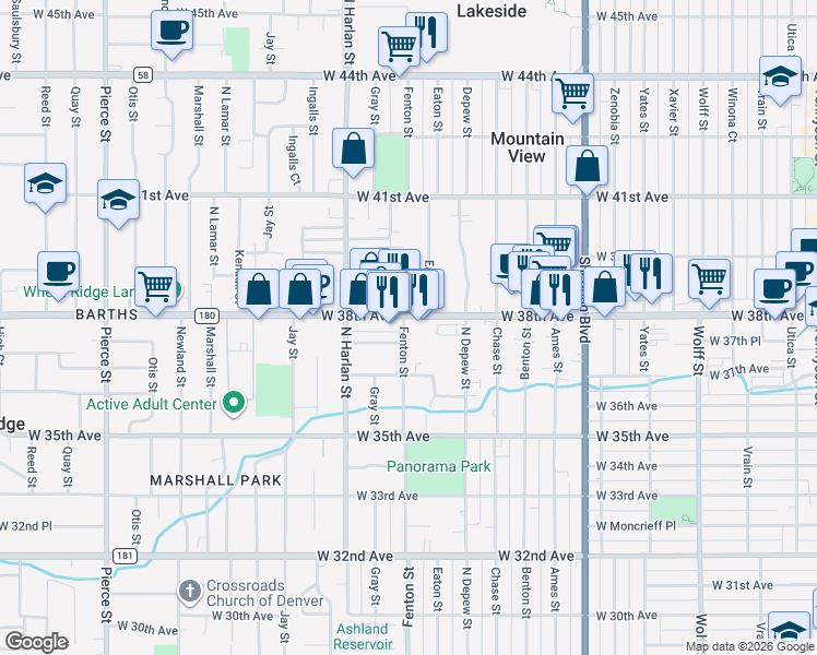 map of restaurants, bars, coffee shops, grocery stores, and more near 5725 West 38th Avenue in Wheat Ridge