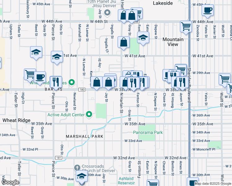 map of restaurants, bars, coffee shops, grocery stores, and more near in Wheat Ridge