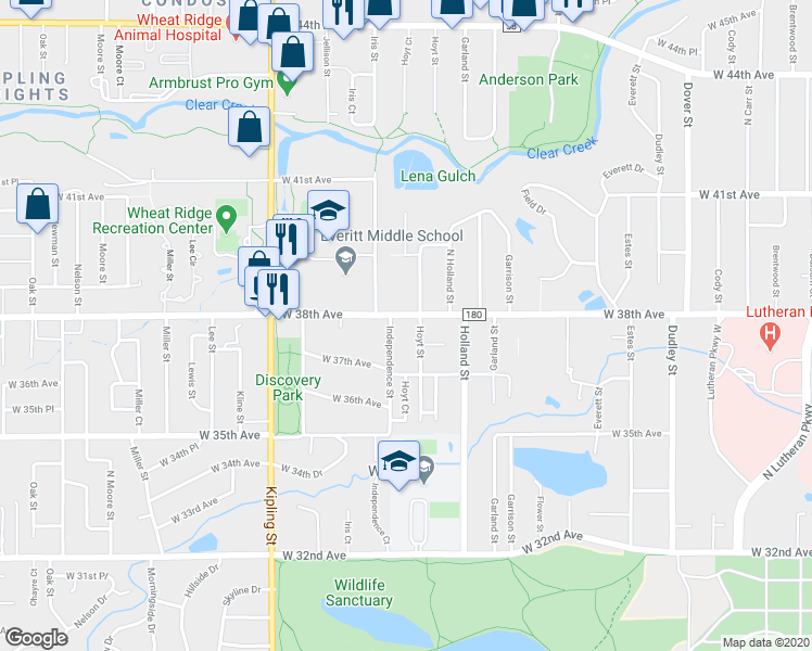 map of restaurants, bars, coffee shops, grocery stores, and more near 9605 West 38th Avenue in Wheat Ridge