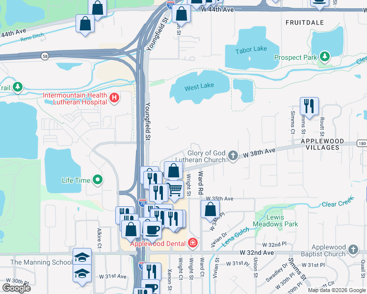 map of restaurants, bars, coffee shops, grocery stores, and more near 12467 West 38th Drive in Wheat Ridge