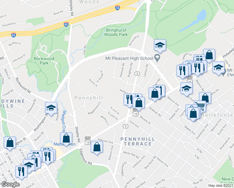 map of restaurants, bars, coffee shops, grocery stores, and more near 206 Weldin Lane in Wilmington